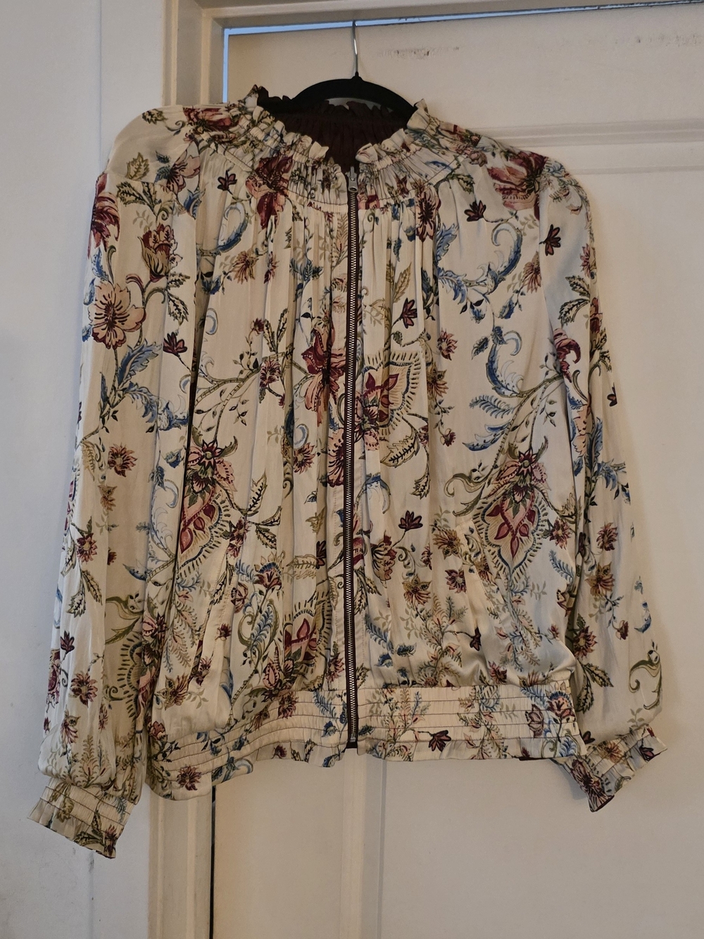 Chico's Cream Zip-Front Floral Print Bomber Jacket